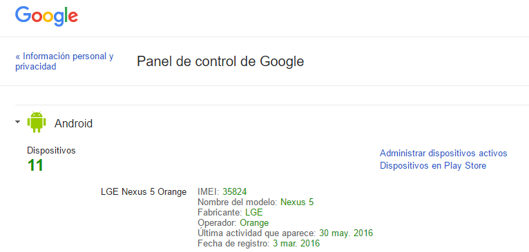 Panel de control de Google