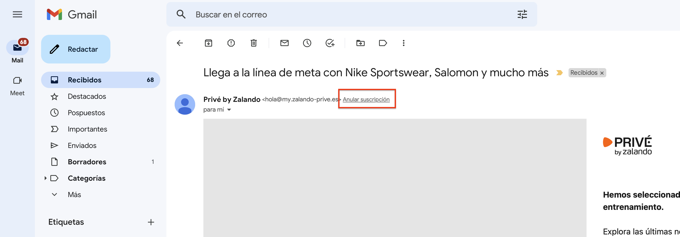 Botón para anular la suscripción en Gmail