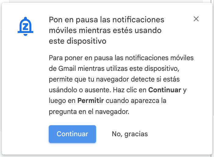 Diálogo para la función de pausar notificaciones en Gmail.