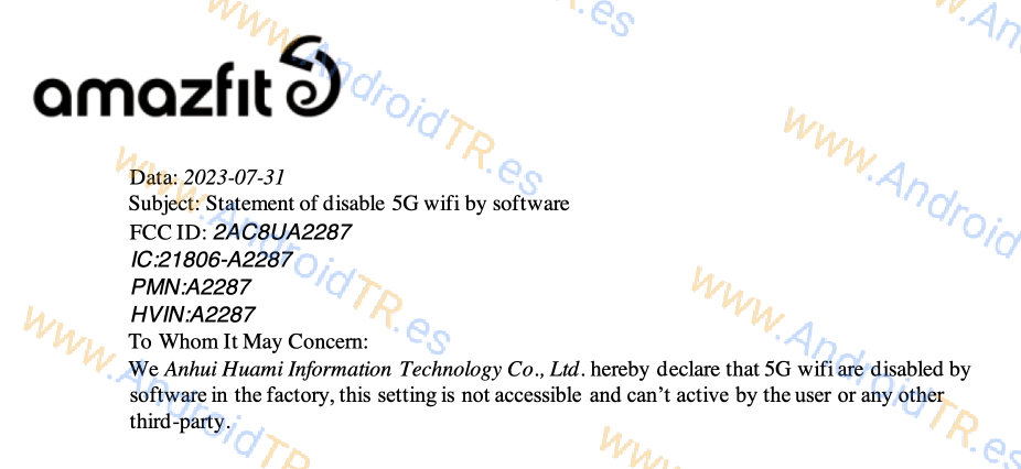 Documento de Amazfit declarando que el 5G WiFi estará desactivado.