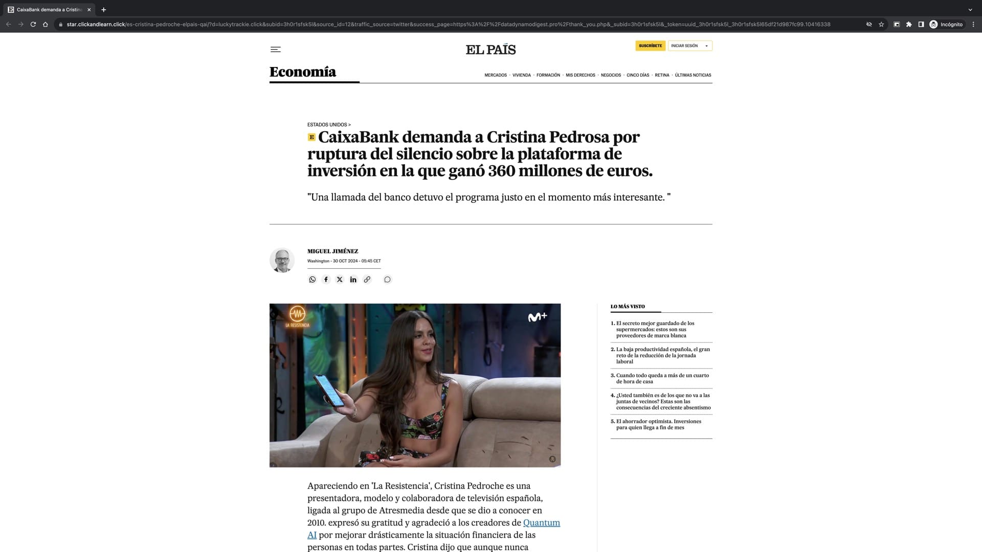 Captura de pantalla de la página web que suplanta la apariencia del periódico El País para tratar de engancharnos en esta estafa.