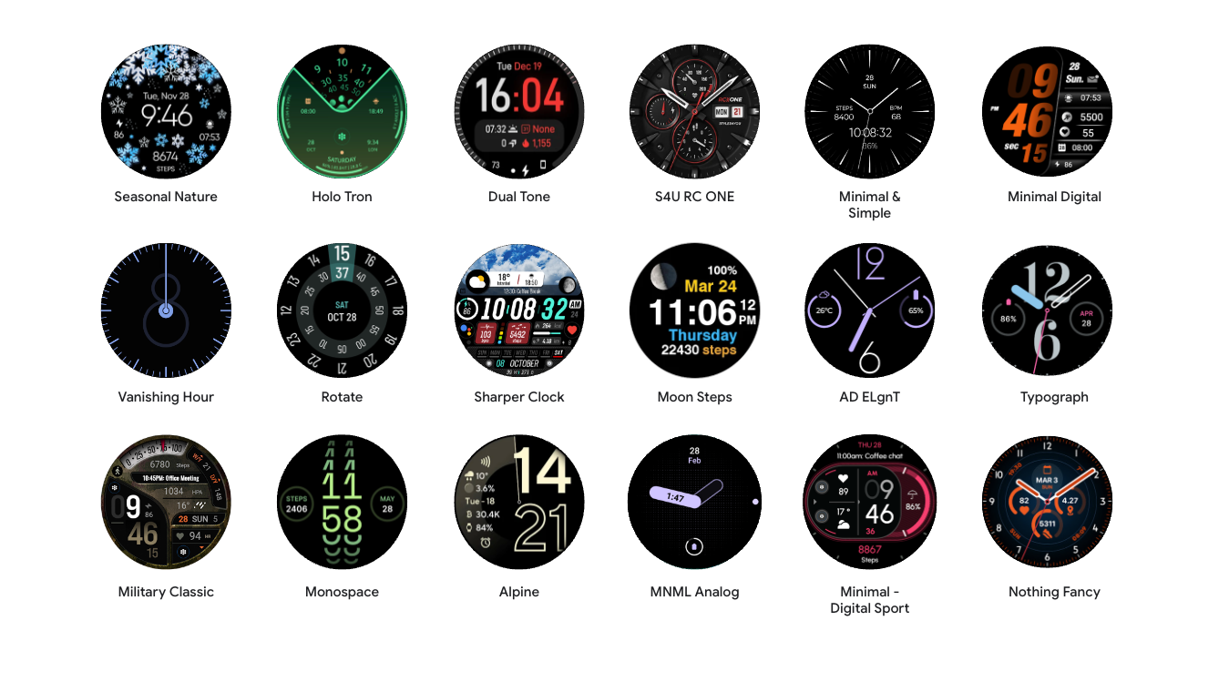 Watchfaces de Wear OS que usan el formato de esfera de reloj.