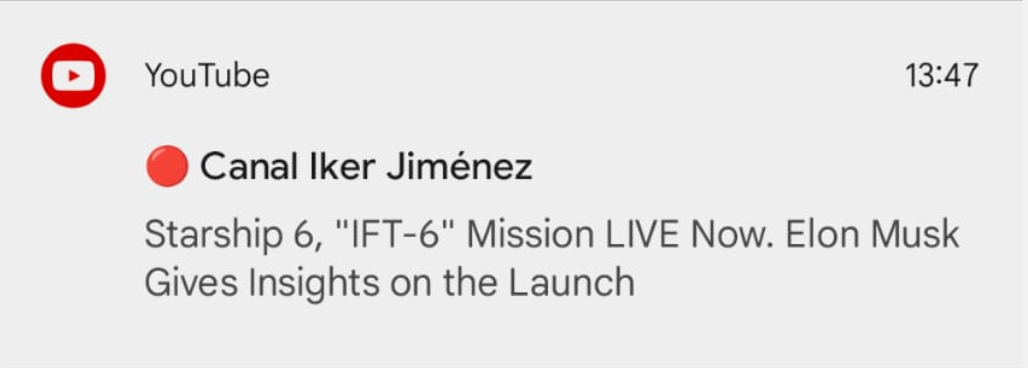 Notificación de YouTube sobre el Canal de Iker Jiménez y su falsa transmisión