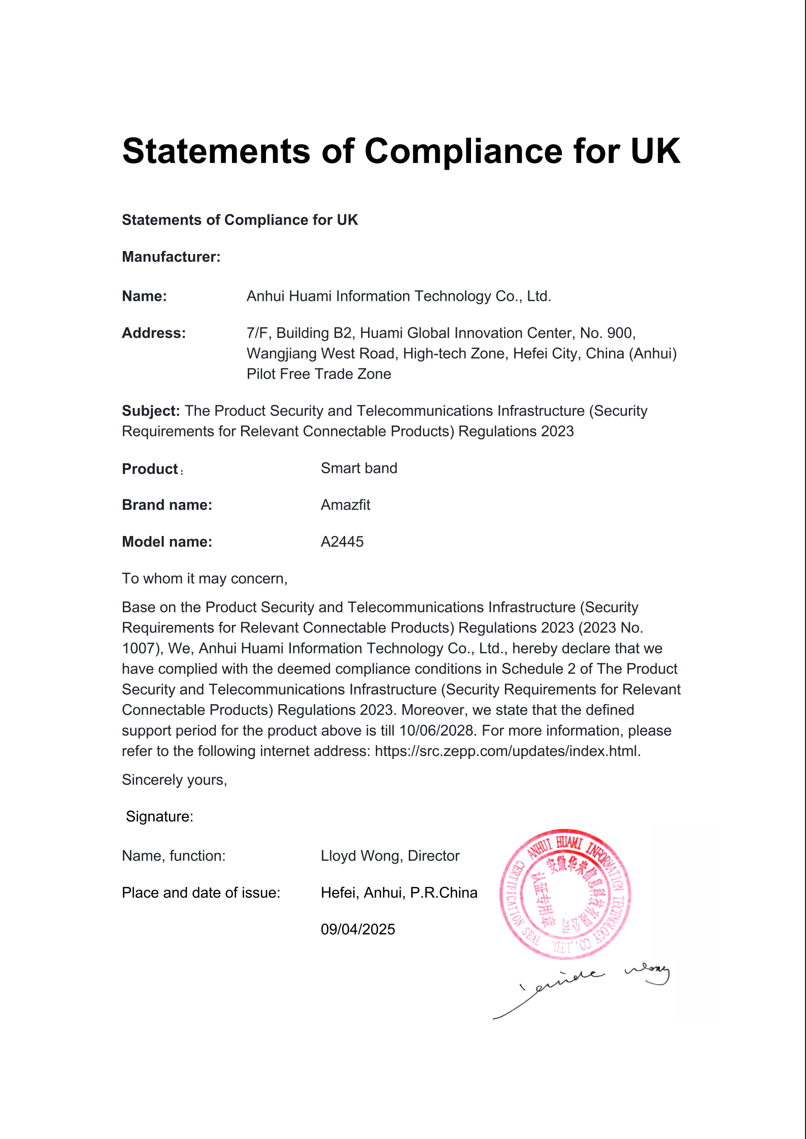 Documento oficial de la Amazfit Helio Strap para cumplir con las regulaciones en materia de seguridad