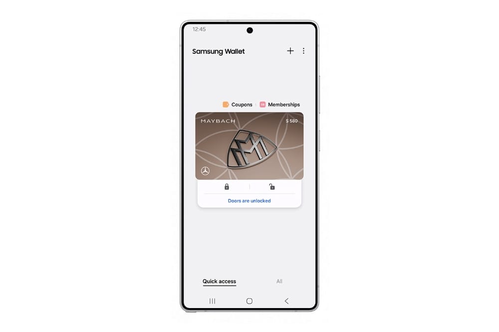 Captura de pantalla de Samsung Wallet con una llave de Mercedes Benz