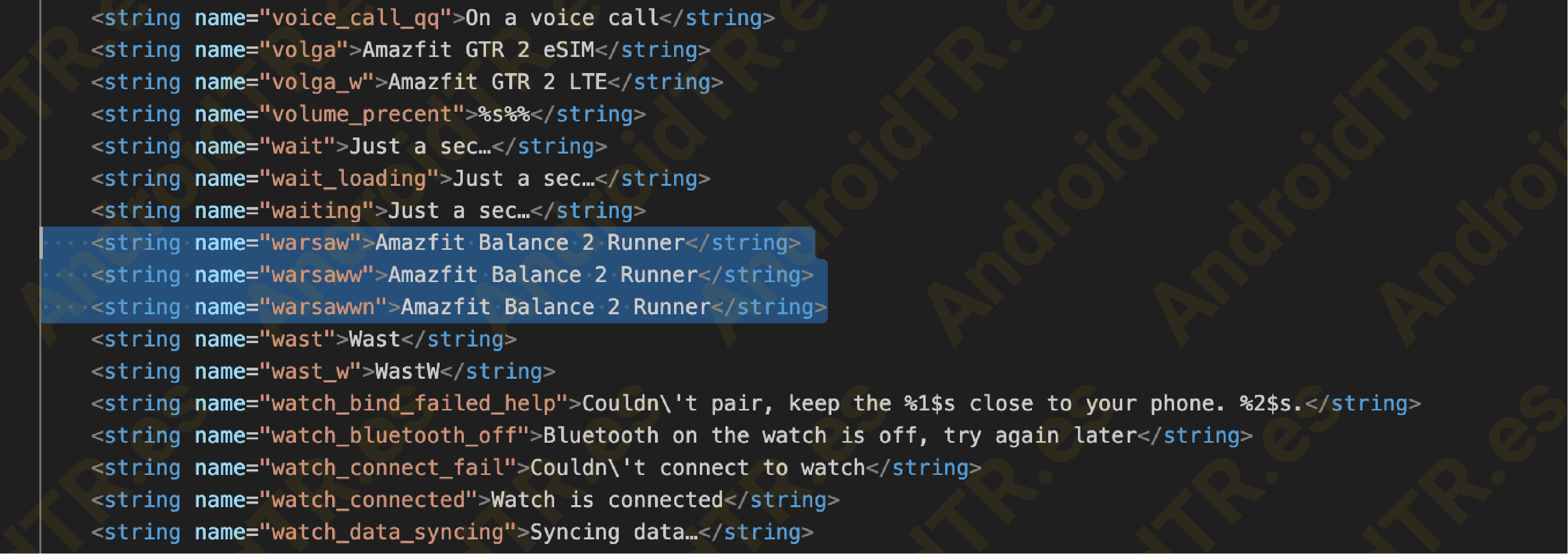 Relación de "Warsaw" y "Amazfit Balance 2 Runner" dentro del software de Zepp