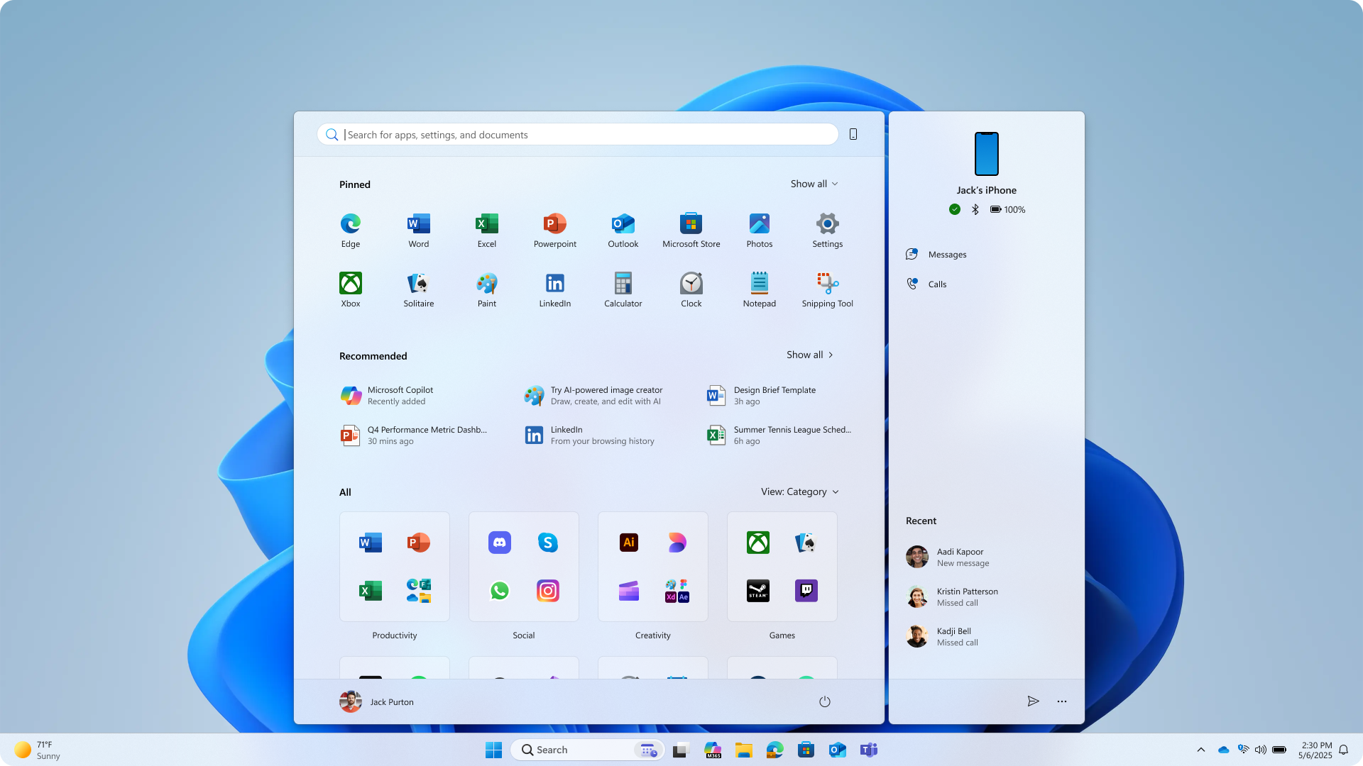 Nuevo menú de inicio de Windows 11. Fuente: Microsoft
