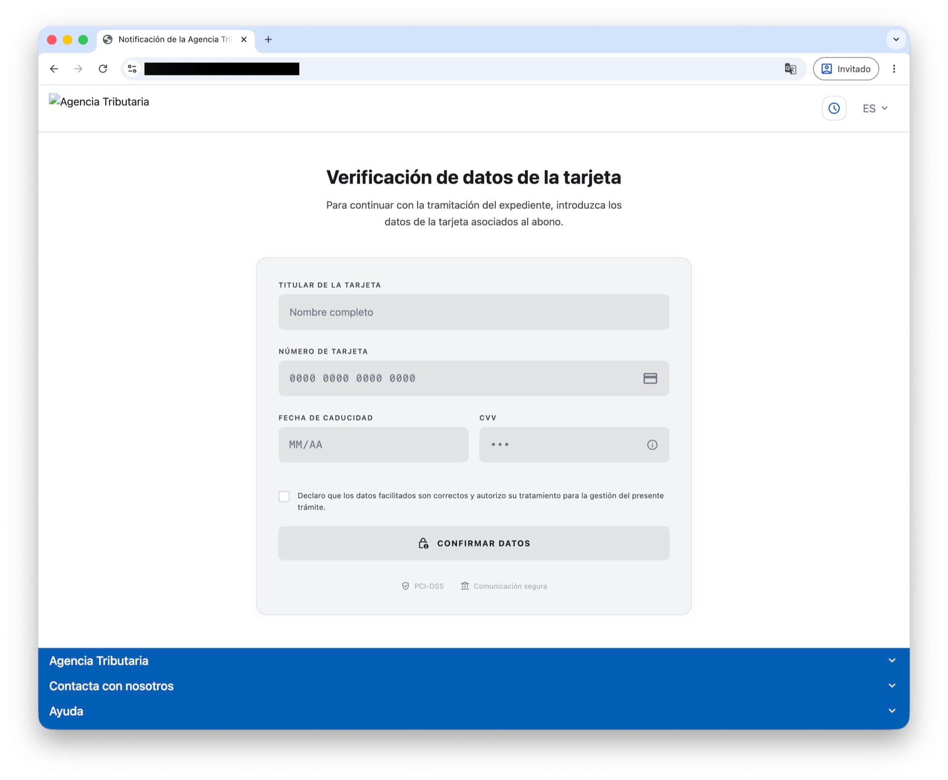 Captura de pantalla de la web atacante solicitando los datos de nuestra tarjeta de crédito
