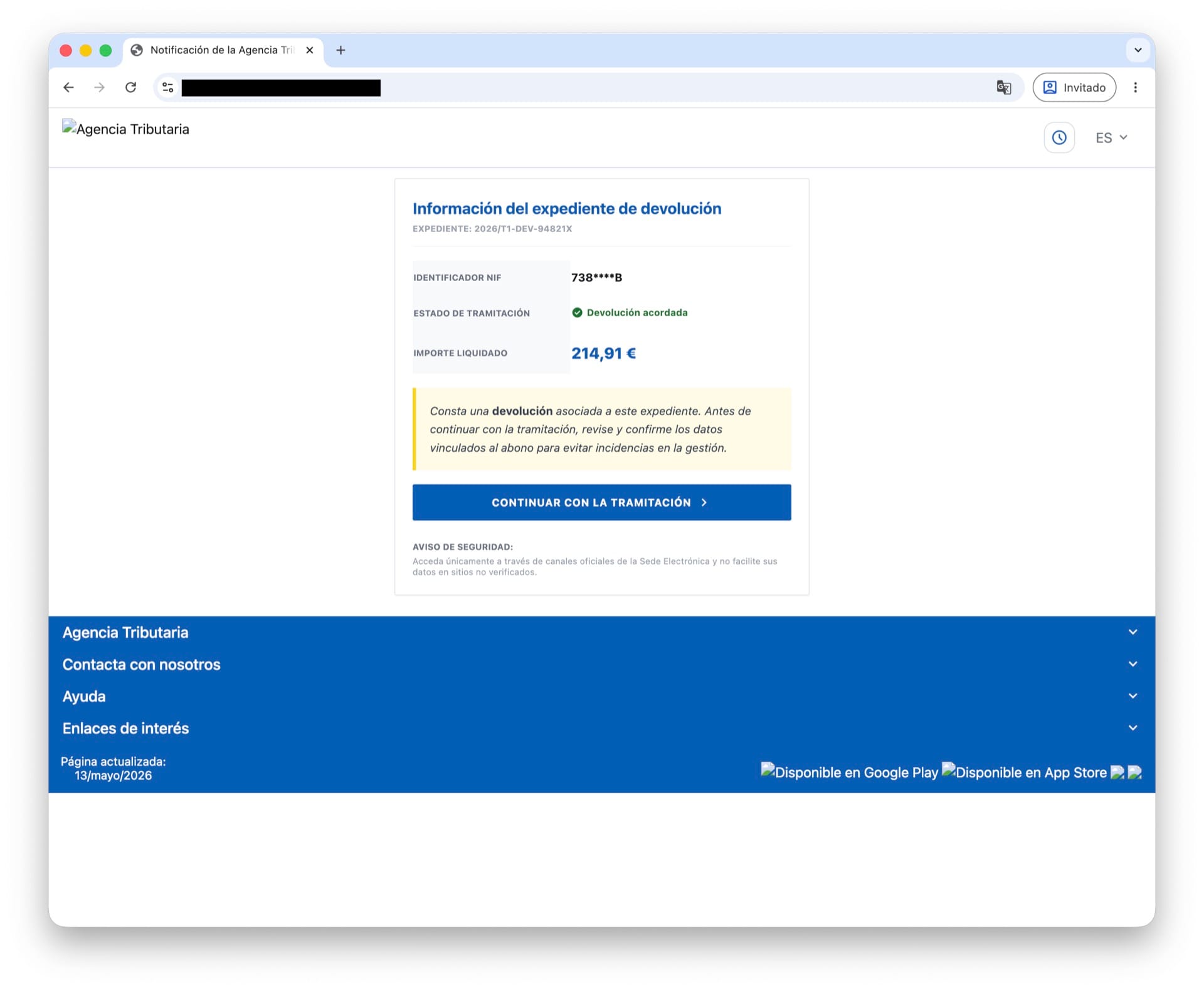 Captura de la web atacante mostrando un falso expediente de devolución de la Agencia Tributaria