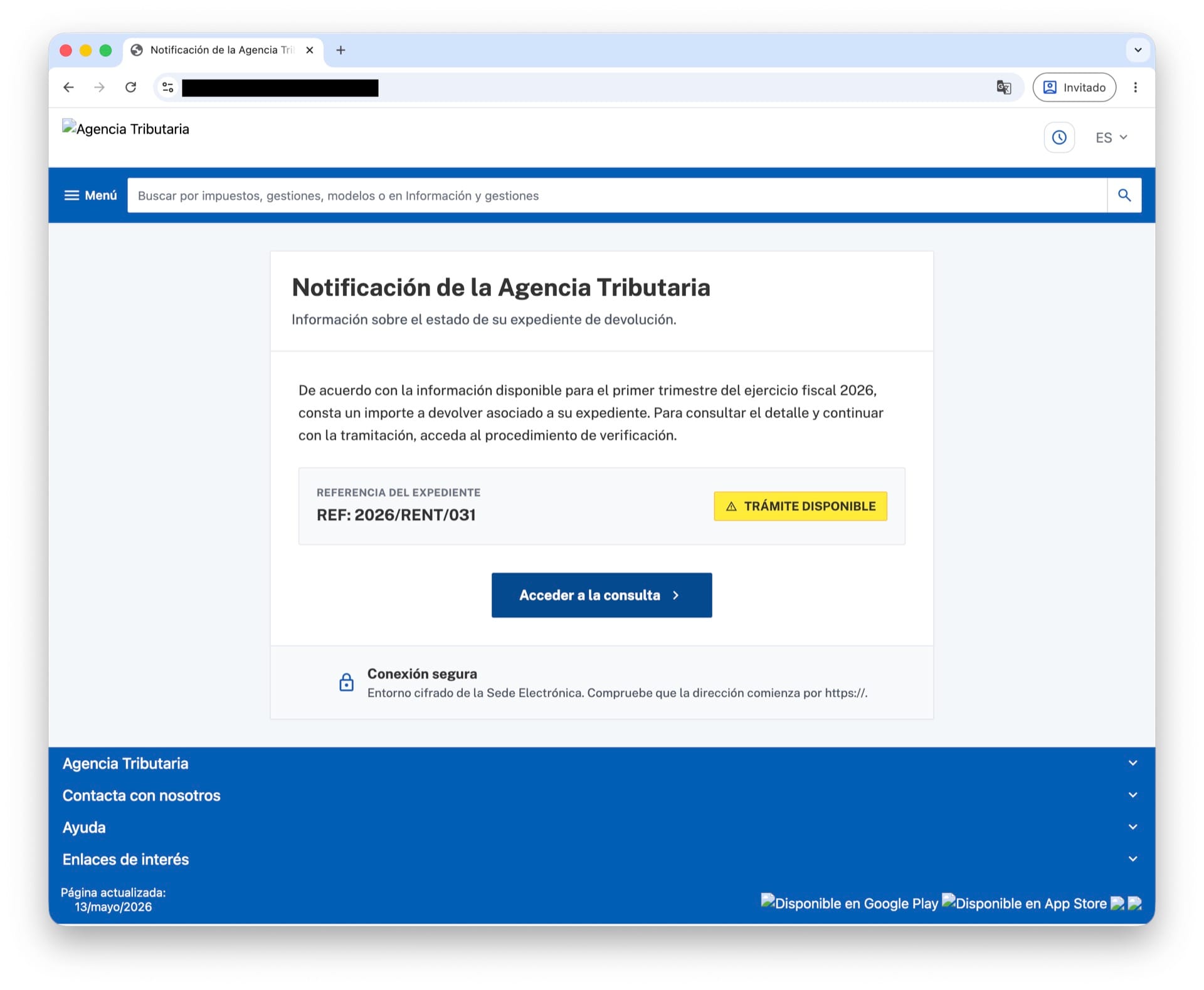 Captura de pantalla de la web simulando ser una notificación de la Agencia Tributaria con un trámite pendiente