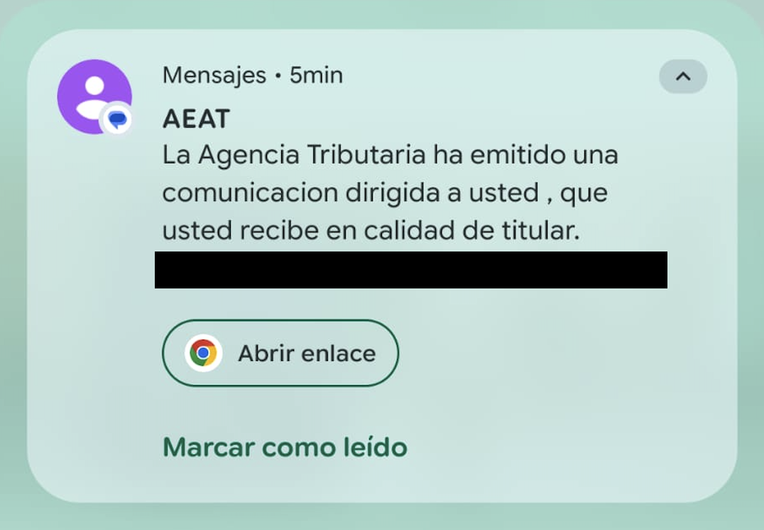 Captura de pantalla del SMS suplantando la AEAT
