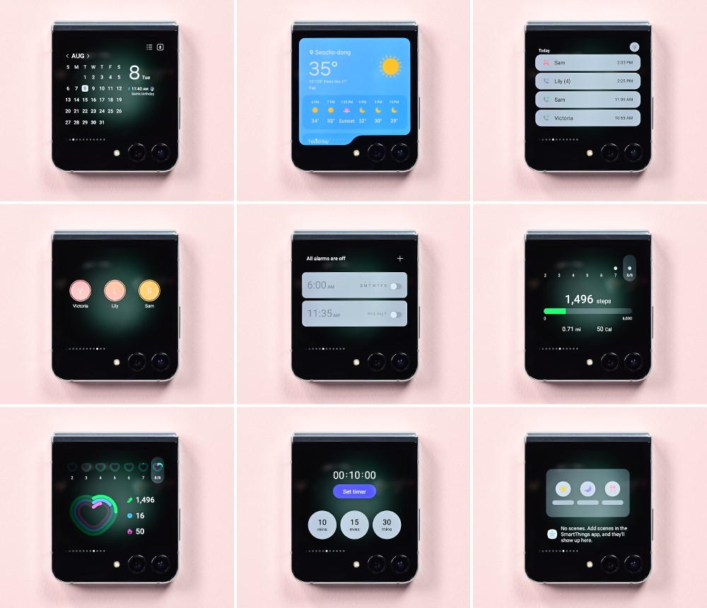 Ejemplo de widgets mostrados en la ventana Flex del Galaxy Z Flip5