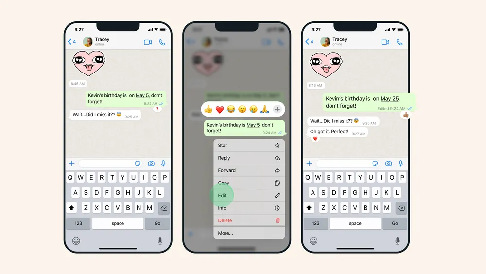 Función de edición de mensajes en WhatsApp. Fuente: Meta.