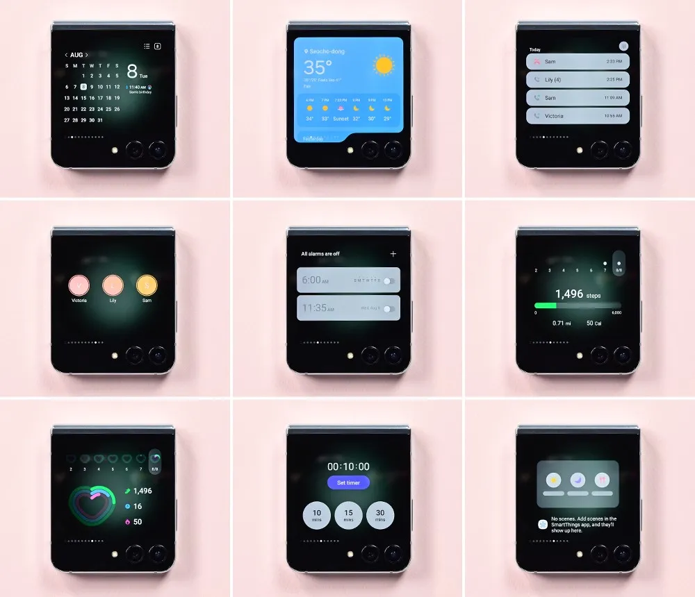 Ejemplo de widgets mostrados en la ventana Flex del Galaxy Z Flip5