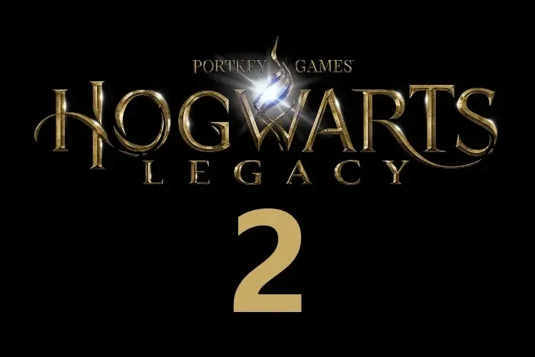 Hogwarts Legacy 2 en letras doradas en un fondo negro