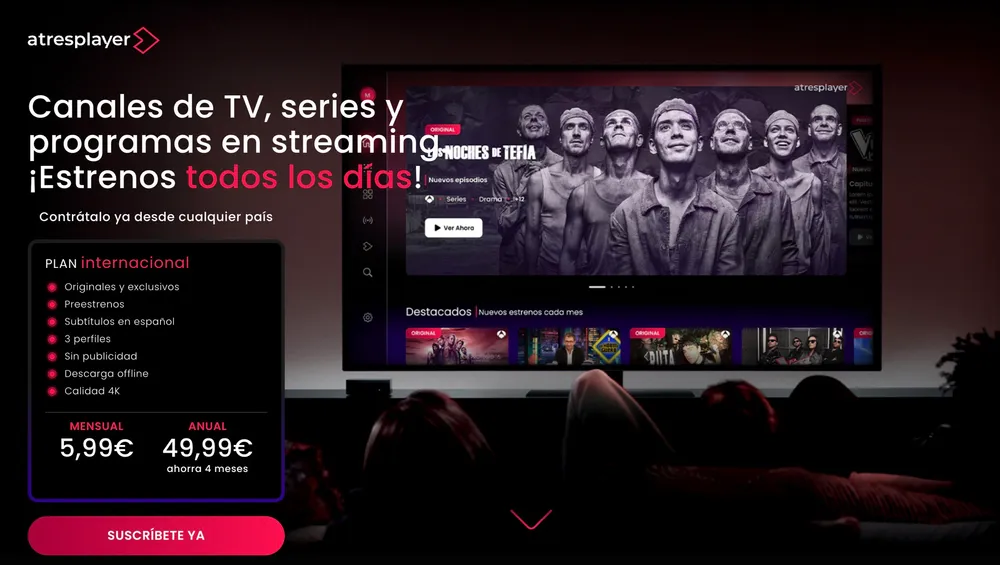 Captura de pantalla de la web de Atresplayer Premium Internacional