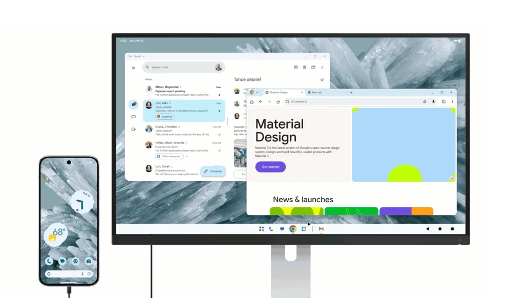 Ejemplo de dispositivo con Android 16 conectado a una pantalla externa con el modo escritorio