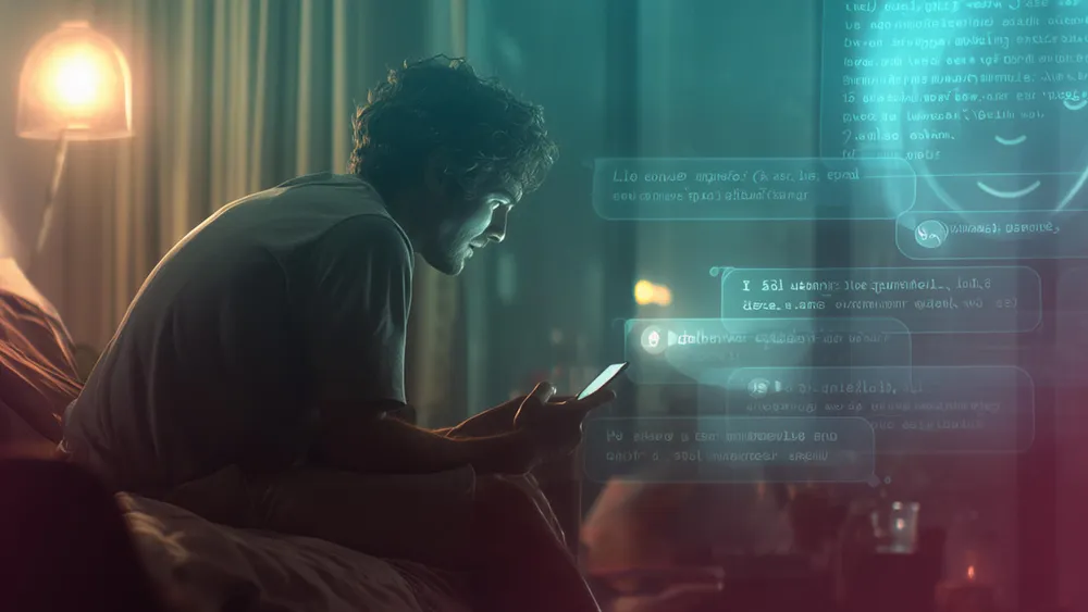 Hombre manteniendo una conversación con una inteligencia artificial a través de un móvil