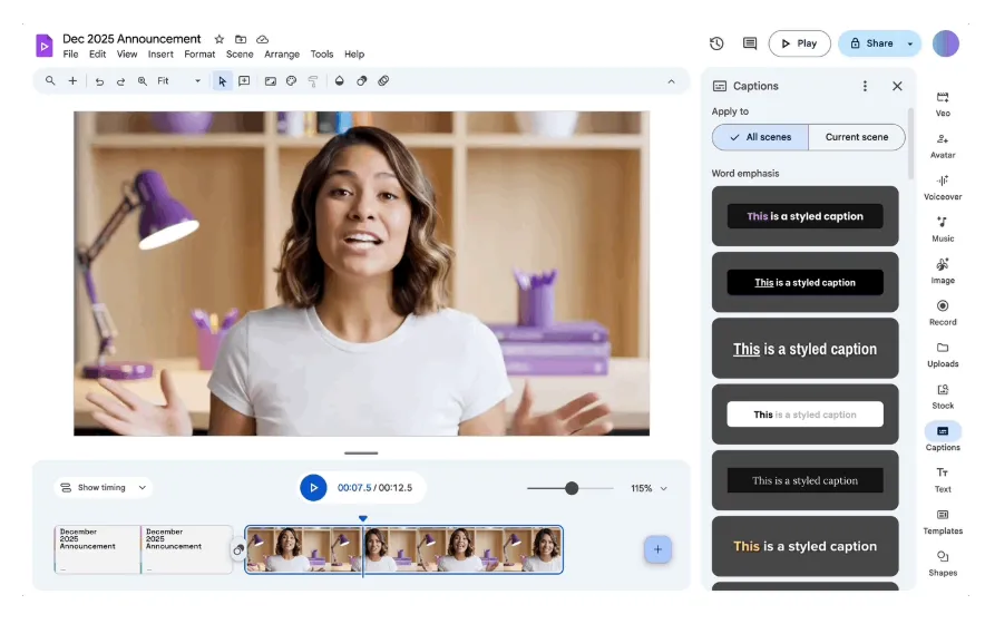 Google Vids se actualiza con subtítulos