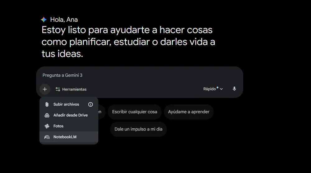Captura de pantalla de la pantalla principal de Gemini