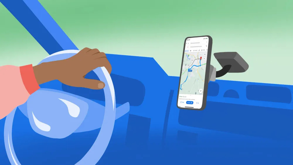 Interior de un coche con un smartphone instalado en el salpicadero con el GPS abierto