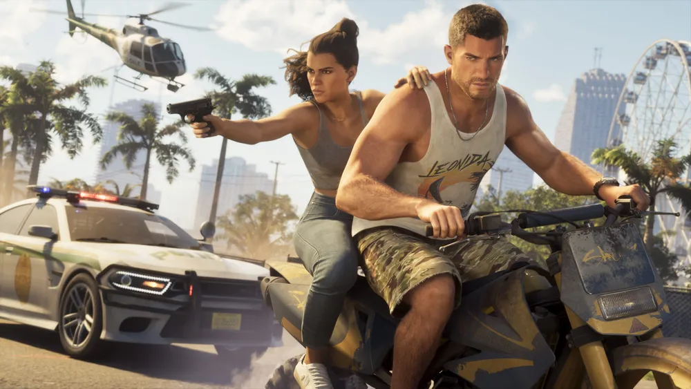 Imagen promocional de GTA VI mostrando una persecución de Jason y Lucía. Fuente: Rockstar Games
